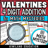 Valentine's Day themed 4-digit addition practice worksheet, no-prep Math Mystery morning work for grades 3-5