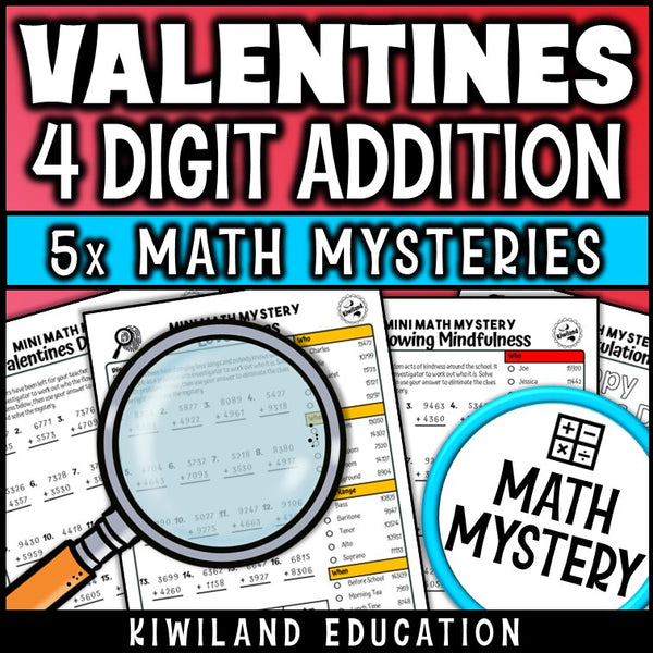 Valentine's Day themed 4-digit addition practice worksheet, no-prep Math Mystery morning work for grades 3-5