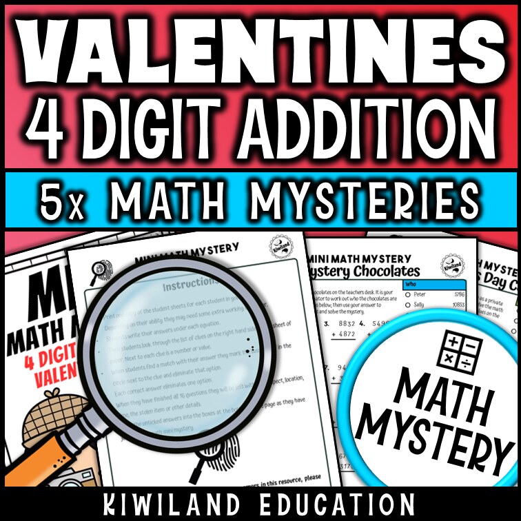 Printable self-checking Valentine's Day addition with regrouping Math Mystery worksheets for 3rd-5th grade math centers