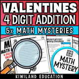Printable self-checking Valentine's Day addition with regrouping Math Mystery worksheets for 3rd-5th grade math centers