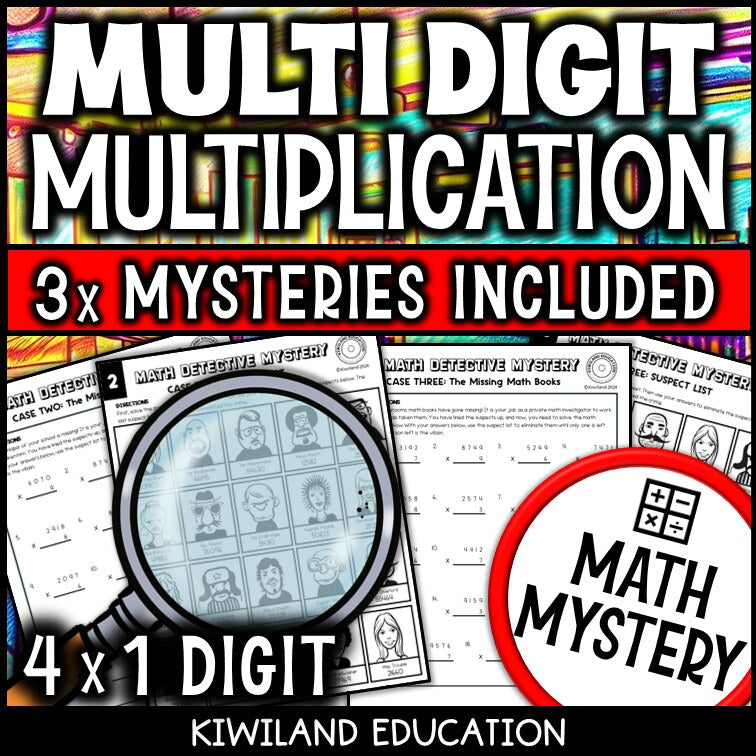 Suspect line-up page for 4-digit by 1-digit multiplication, back-to-school mystery