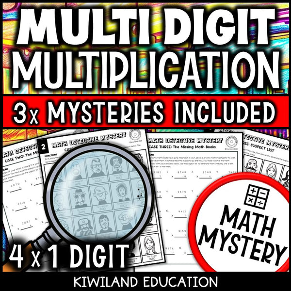 Suspect line-up page for 4-digit by 1-digit multiplication, back-to-school mystery