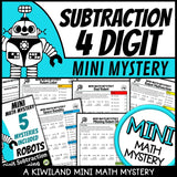 4-Digit Subtraction with Regrouping Math Mystery worksheets cover - 5 printable robot detective cases