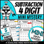 4-Digit Subtraction with Regrouping Math Mystery worksheets cover - 5 printable robot detective cases