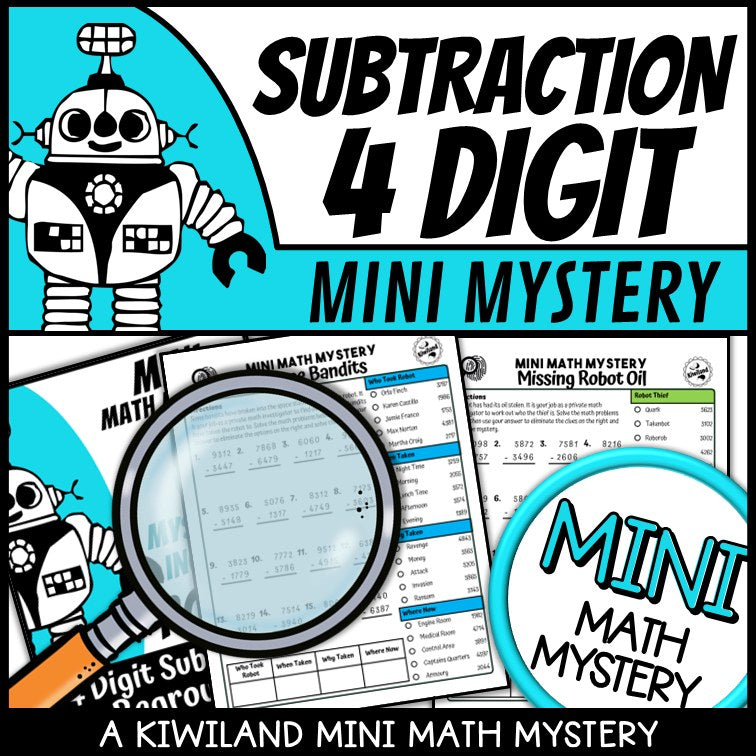 4-digit subtraction with regrouping math mystery worksheet sample pages