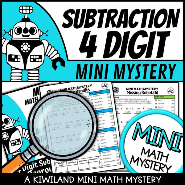4-digit subtraction with regrouping math mystery worksheet sample pages