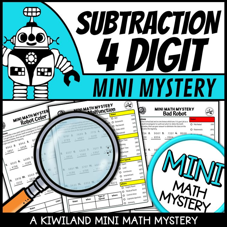 Robot themed 4-digit subtraction detective math mystery printable activity