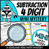 Robot themed 4-digit subtraction detective math mystery printable activity