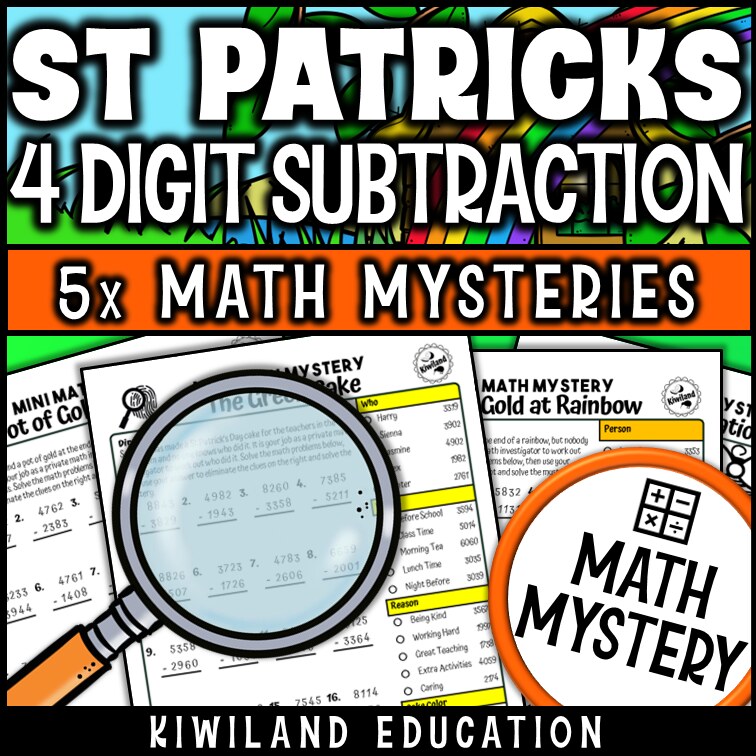 St Patrick's Day themed 4-digit subtraction practice worksheet, no-prep Math Mystery morning work for grades 3-5