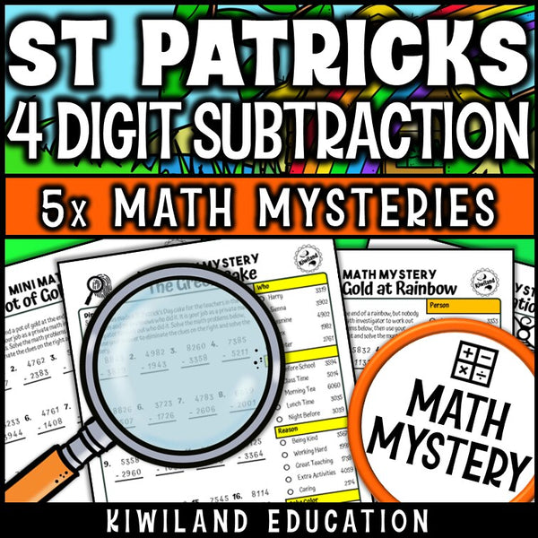St Patrick's Day themed 4-digit subtraction practice worksheet, no-prep Math Mystery morning work for grades 3-5