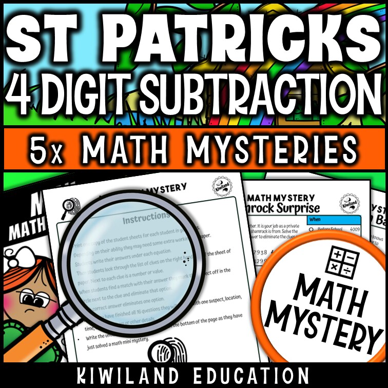 Printable self-checking St Patrick's Day subtraction with regrouping Math Mystery worksheets for 3rd-5th grade math centers