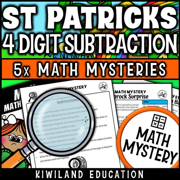 Printable self-checking St Patrick's Day subtraction with regrouping Math Mystery worksheets for 3rd-5th grade math centers