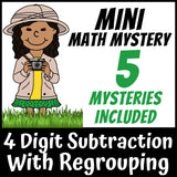 Zoo Safari 4-Digit Subtraction with Regrouping Math Mystery worksheets cover - 5 printable detective cases