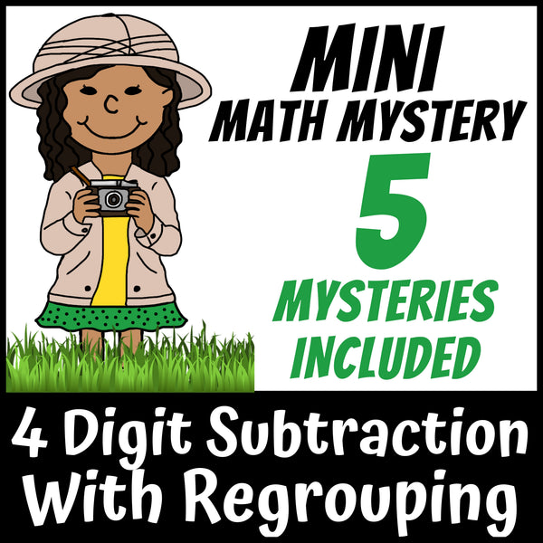 Zoo Safari 4-Digit Subtraction with Regrouping Math Mystery worksheets cover - 5 printable detective cases