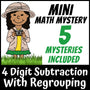 Zoo Safari 4-Digit Subtraction with Regrouping Math Mystery worksheets cover - 5 printable detective cases