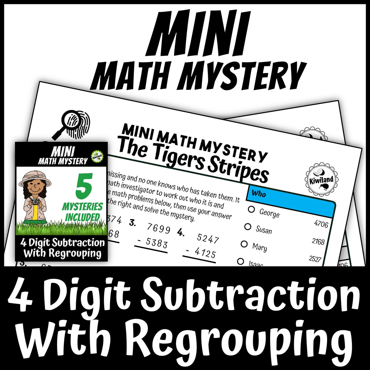Zoo safari 4-digit subtraction math mystery worksheet sample pages