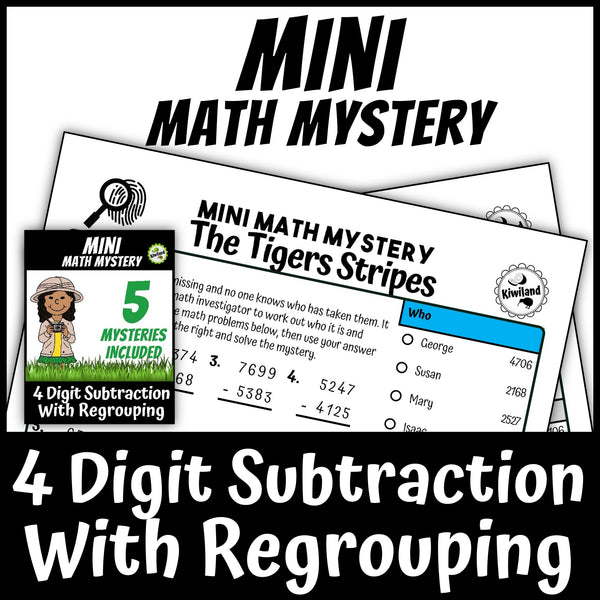 Zoo safari 4-digit subtraction math mystery worksheet sample pages