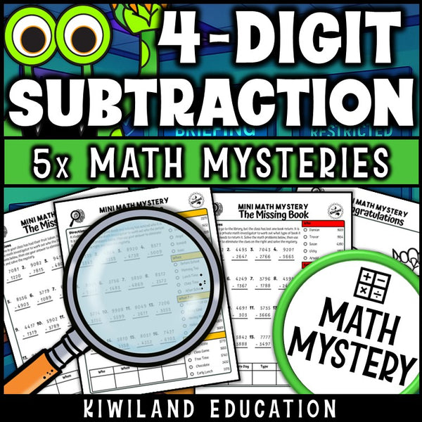 Subtraction with regrouping review worksheet with mystery theme