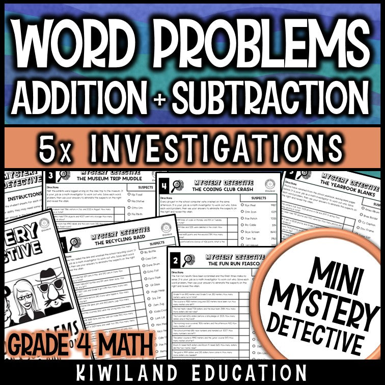 4th grade addition and subtraction word problems mystery detective worksheets