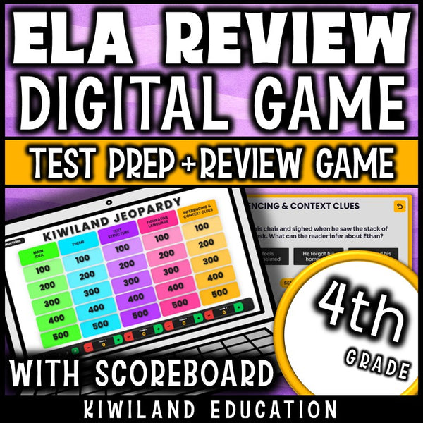 4th grade ELA digital Jeopardy game cover, reading review for grades 3–5