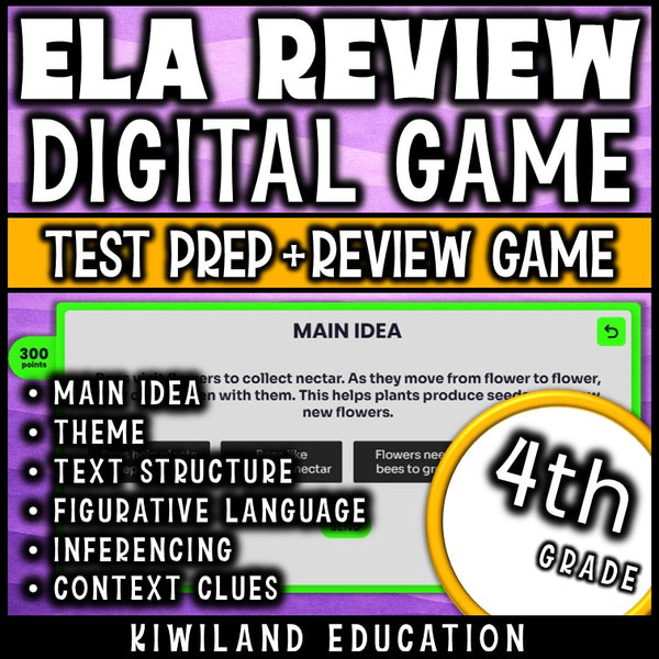 Jeopardy game board with ELA categories and point values for 4th grade review