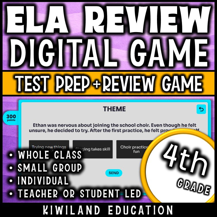 Whole-class 4th grade ELA test prep game show with built-in scoreboard