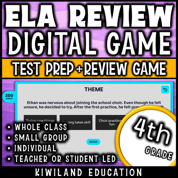 Whole-class 4th grade ELA test prep game show with built-in scoreboard