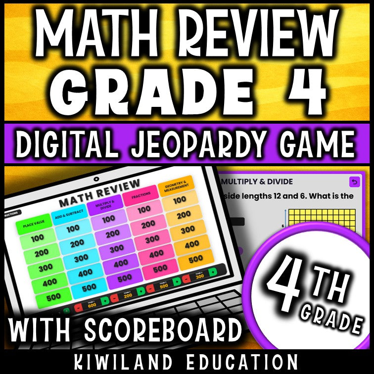 4th grade math digital Jeopardy game cover, math review for grades 3–5