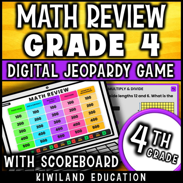 4th grade math digital Jeopardy game cover, math review for grades 3–5