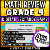 Jeopardy game board with math categories and point values for 4th grade review