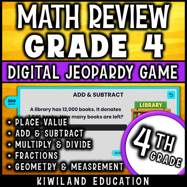 Jeopardy game board with math categories and point values for 4th grade review