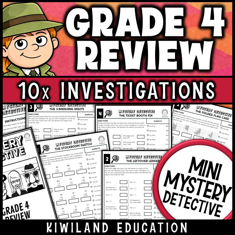 4th grade math review back-to-school mystery detective worksheets