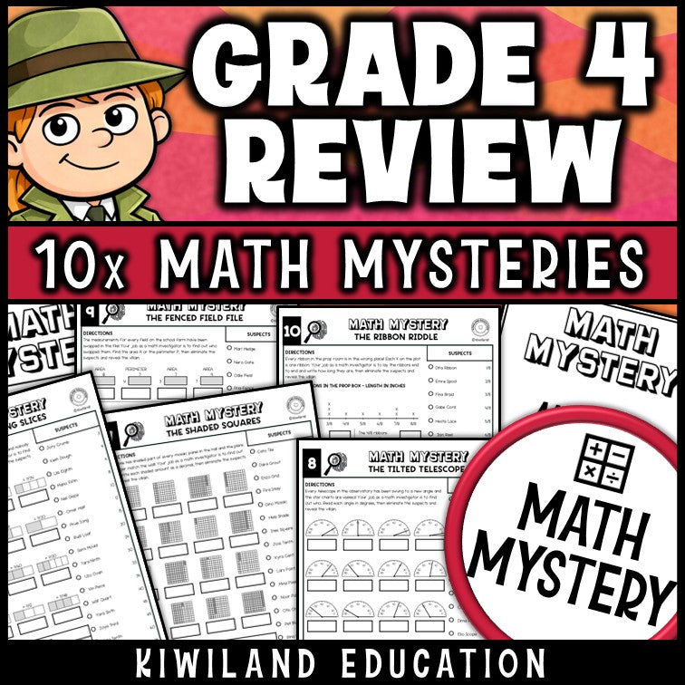 4th grade math spiral review, no prep detective worksheets for 4th and 5th grade