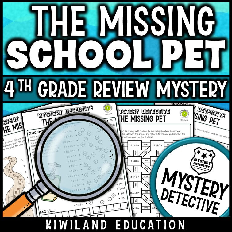 4th grade multi-digit multiplication and long division math detective worksheets