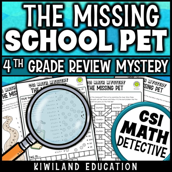 4th grade multi-digit multiplication and long division math detective worksheets with suspect chart