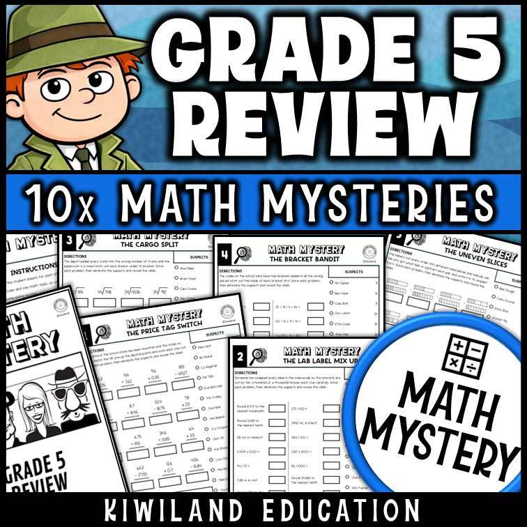 5th grade math review back to school math mystery worksheets, printable detective pack
