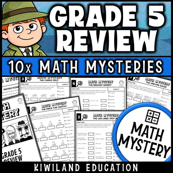 5th grade math review back to school math mystery worksheets, printable detective pack