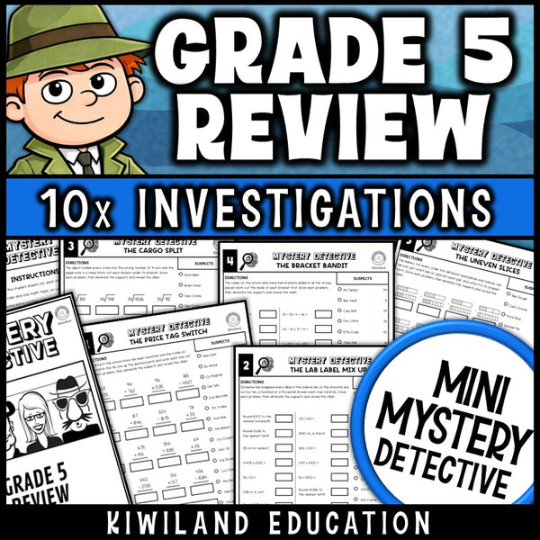 5th grade math review back-to-school mystery detective worksheets