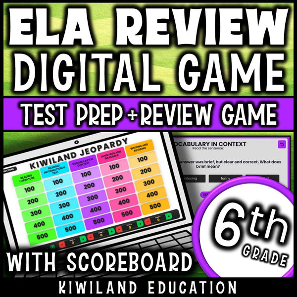 6th grade ELA digital Jeopardy game cover, reading and language arts review for grades 5–7
