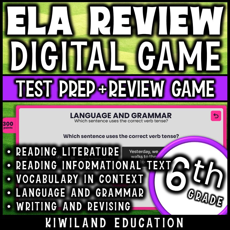 Jeopardy game board with ELA categories and point values for 6th grade review