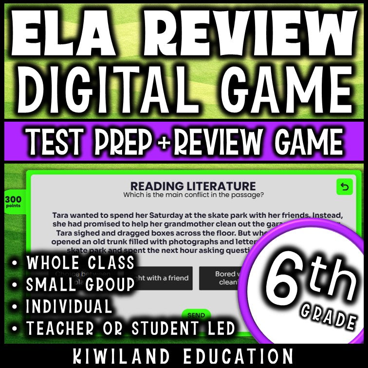 Whole-class 6th grade ELA test prep game show with built-in scoreboard