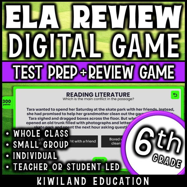 Whole-class 6th grade ELA test prep game show with built-in scoreboard