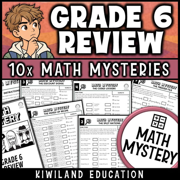 6th grade math mystery back to school review worksheets, printable detective pack
