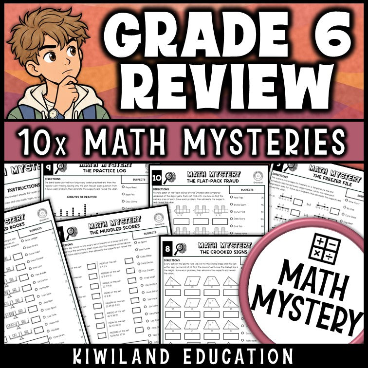 6th grade math review, no prep printable detective worksheets with answer keys