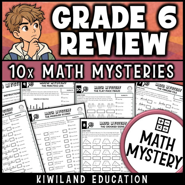 6th grade math review, no prep printable detective worksheets with answer keys
