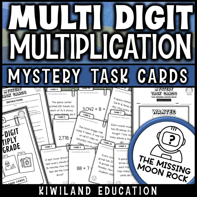 Multi-digit multiplication mystery task cards for 4th grade, 24 cards and a suspect lineup