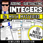Student worksheet featuring a mystery story with integer addition and subtraction problems