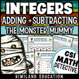Printable CSI math mystery worksheet with adding and subtracting integers