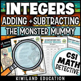 Monster Mummies integer maze and puzzle pages for middle school math