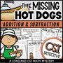 Printable addition and subtraction CSI mystery with clue-based math worksheets